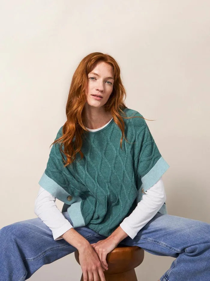 Women KNITWEAR White Stuff Fern Knitted Casual Poncho Mid Teal Women KNITWEAR White Stuff Fern Knitted Casual Poncho Mid Teal