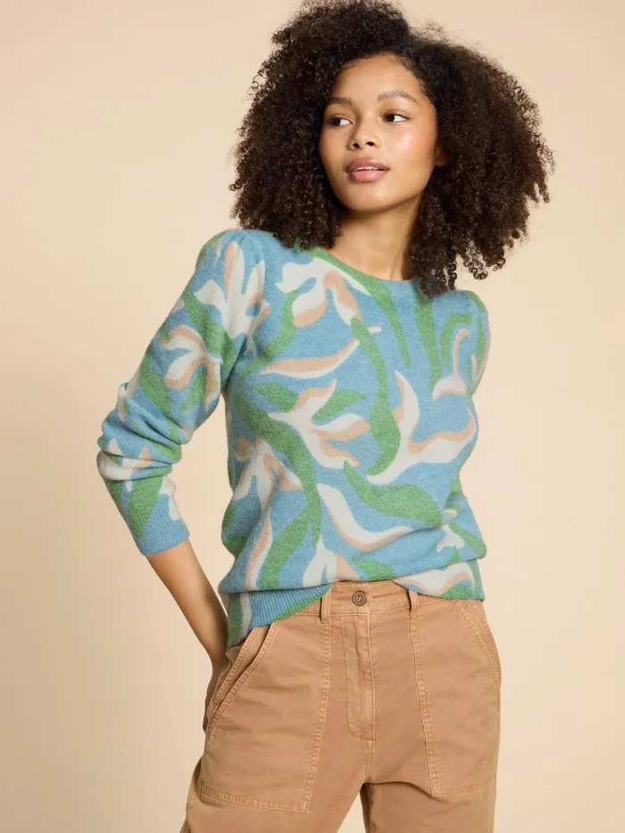 Women KNITWEAR White Stuff Julie Printed Jumper Blue Multi Women KNITWEAR White Stuff Julie Printed Jumper Blue Multi