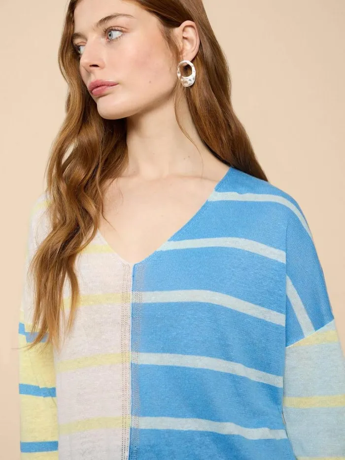 Women KNITWEAR White Stuff LINEN V NECK JUMPER Blue Multi