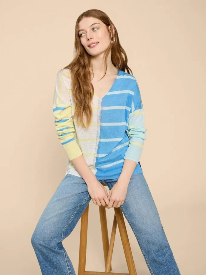 Women KNITWEAR White Stuff LINEN V NECK JUMPER Blue Multi Women KNITWEAR White Stuff LINEN V NECK JUMPER Blue Multi