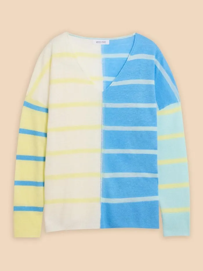 Women KNITWEAR White Stuff LINEN V NECK JUMPER Blue Multi Women KNITWEAR White Stuff LINEN V NECK JUMPER Blue Multi