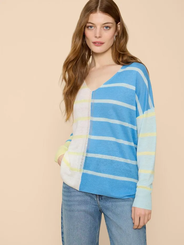 Women KNITWEAR White Stuff LINEN V NECK JUMPER Blue Multi Women KNITWEAR White Stuff LINEN V NECK JUMPER Blue Multi
