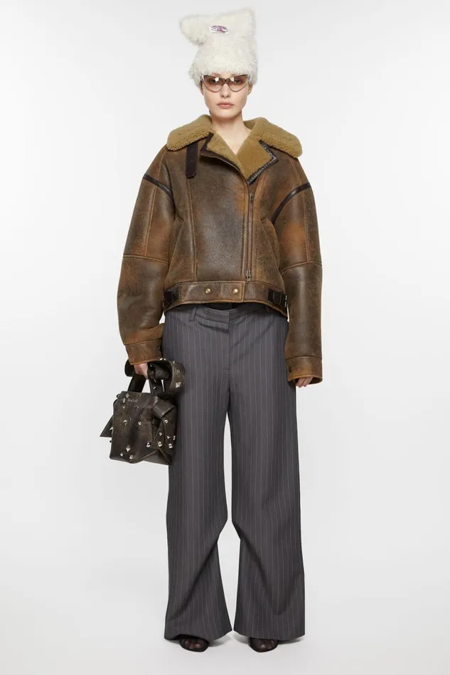 Women Leather Shearling Jacket Brown Acne Studios Outerwear
