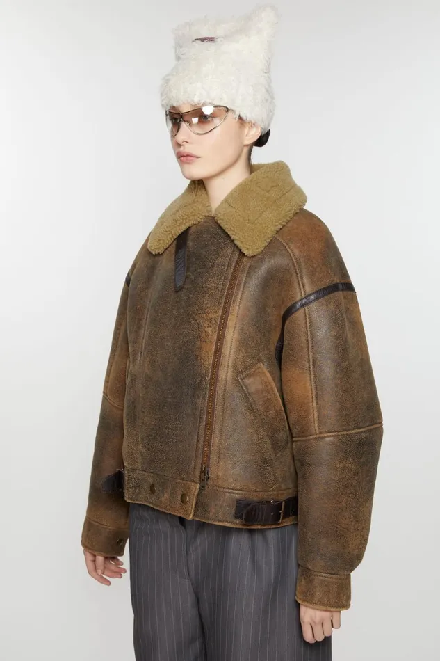Women Leather Shearling Jacket Brown Acne Studios Outerwear
