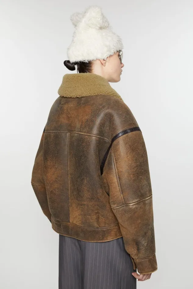 Women Leather Shearling Jacket Brown Acne Studios Outerwear