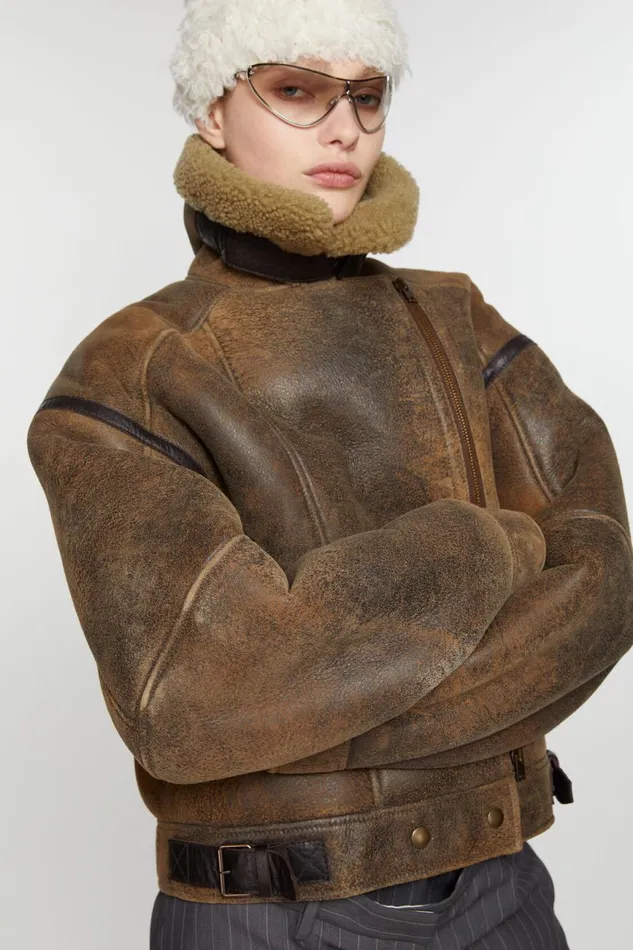 Women Leather Shearling Jacket Brown Acne Studios Outerwear