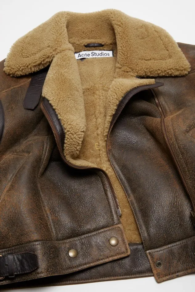 Women Leather Shearling Jacket Brown Acne Studios Outerwear