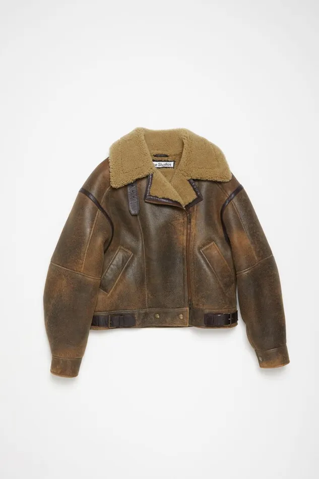 Women Leather Shearling Jacket Brown Acne Studios Outerwear