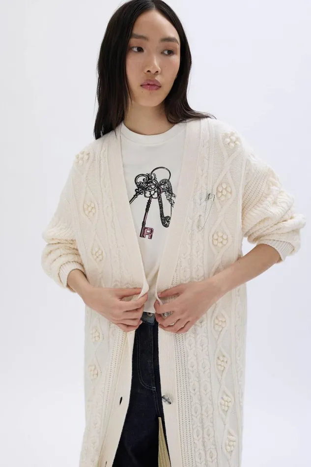 Women Long Cableknit Woolen Cardigan Ecru White Sonia Rykiel Cardigans