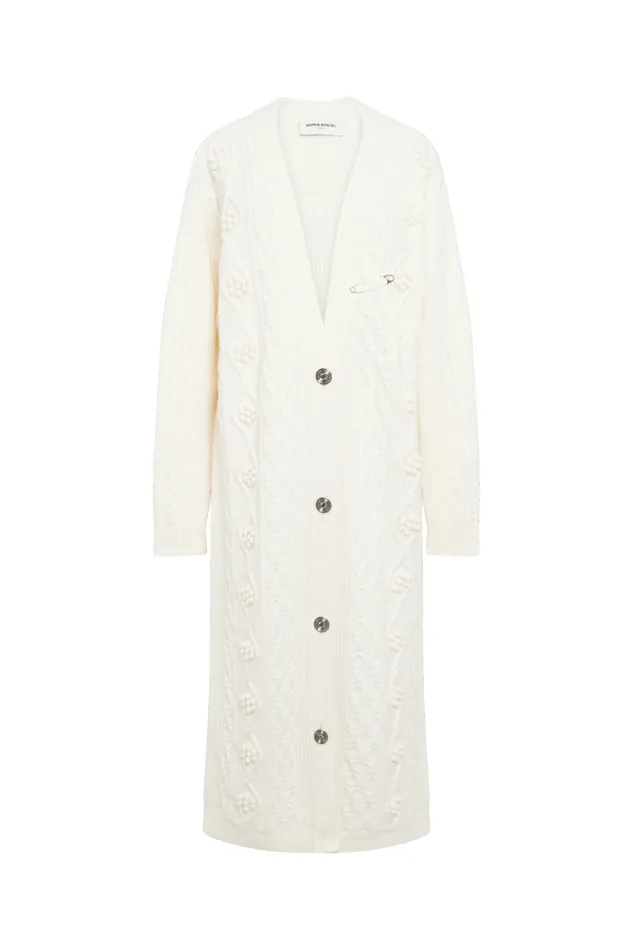 Women Long Cableknit Woolen Cardigan Ecru White Sonia Rykiel Cardigans