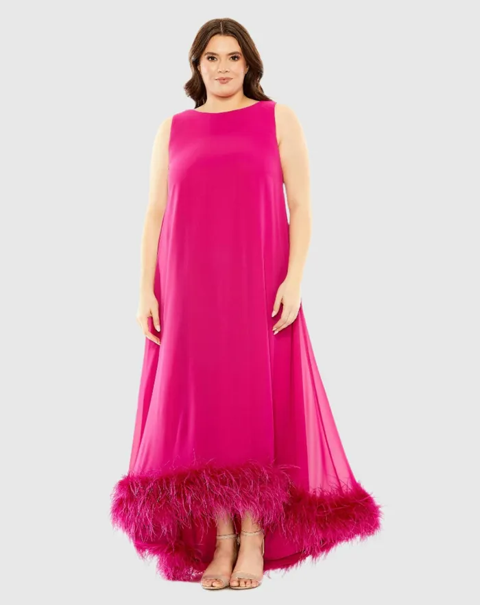 Women Mac Duggal High Neck Feather Hem Dress Fuchsia Plus Size Dresses