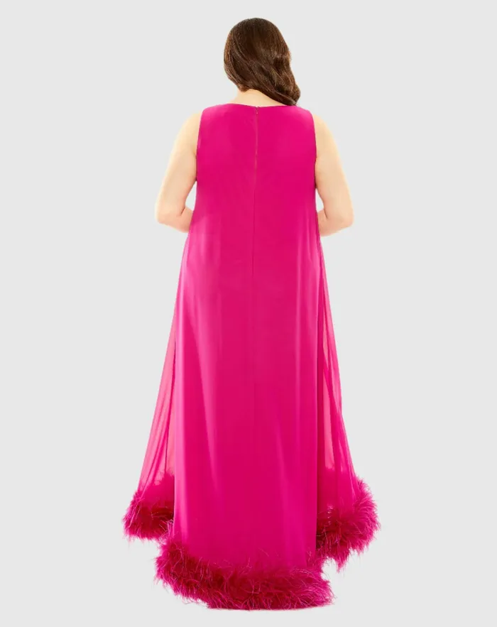 Women Mac Duggal High Neck Feather Hem Dress Fuchsia Plus Size Dresses