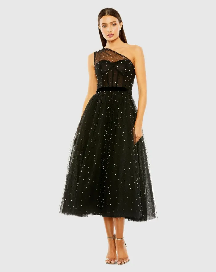 Women Mac Duggal One Shoulder Pearl Beaded Midi Ballgown Black Best Sellers