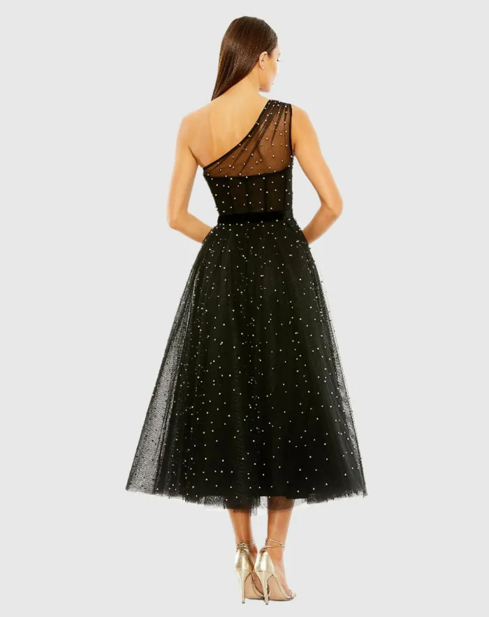 Women Mac Duggal One Shoulder Pearl Beaded Midi Ballgown Black Best Sellers