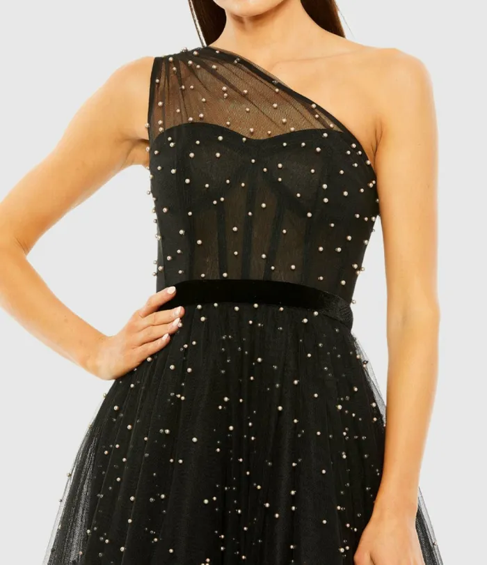 Women Mac Duggal One Shoulder Pearl Beaded Midi Ballgown Black Best Sellers