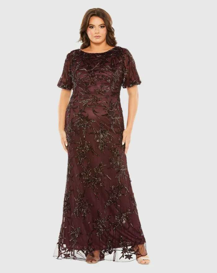 Women Mac Duggal Puff Short Sleeve Embellished Dress Mahogany Plus Size Dresses