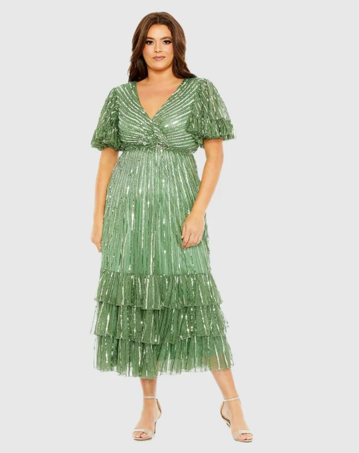 Women Mac Duggal Sequin Faux Wrap Flutter Sleeve Ruffle Dress Sage Plus Size Dresses