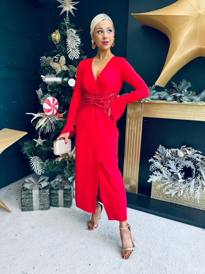 Women Midi Canella Lane Cassandra Sequin Detail Occasion Dress Red