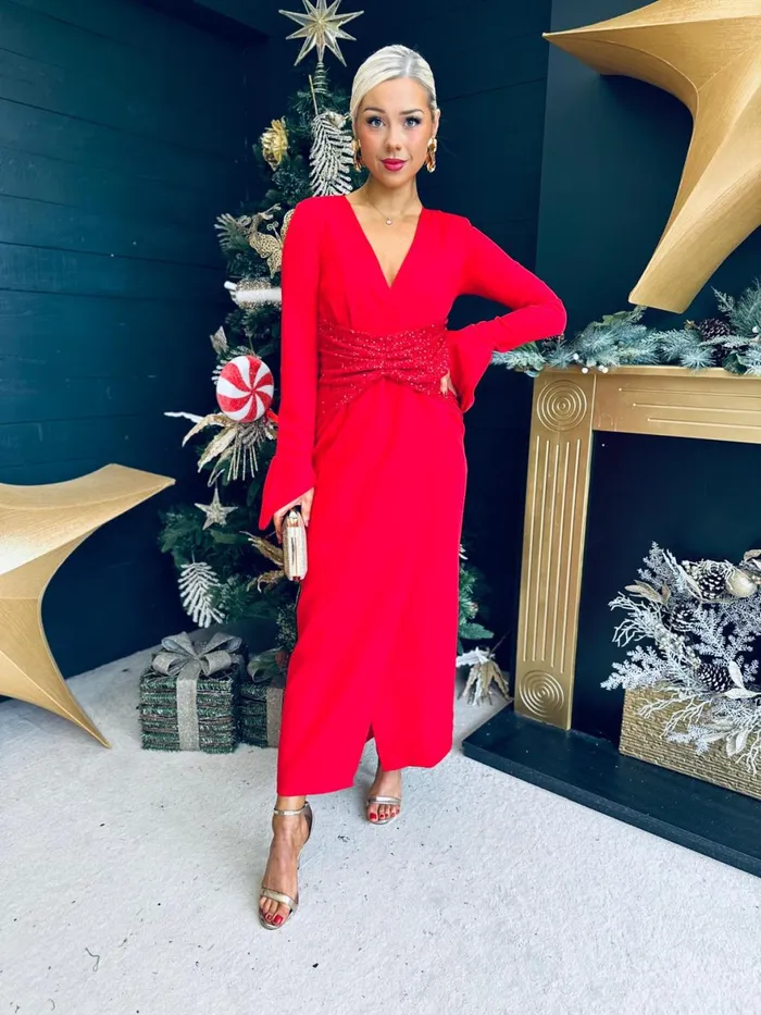 Women Midi Canella Lane Cassandra Sequin Detail Occasion Dress Red