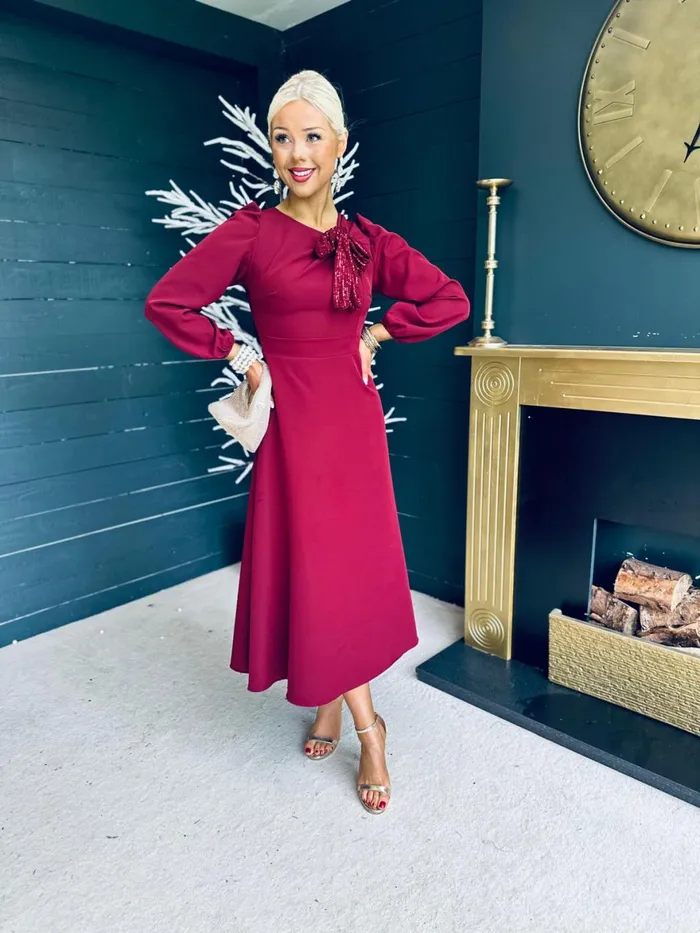 Women Midi Canella Lane Courtney Sequin Detail Occasion Dress Burgundy