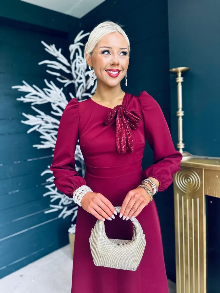 Women Midi Canella Lane Courtney Sequin Detail Occasion Dress Burgundy