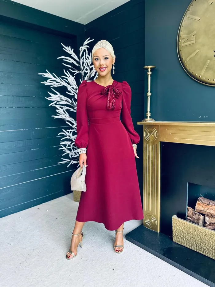 Women Midi Canella Lane Courtney Sequin Detail Occasion Dress Burgundy