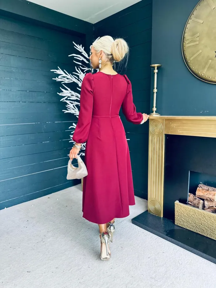Women Midi Canella Lane Courtney Sequin Detail Occasion Dress Burgundy
