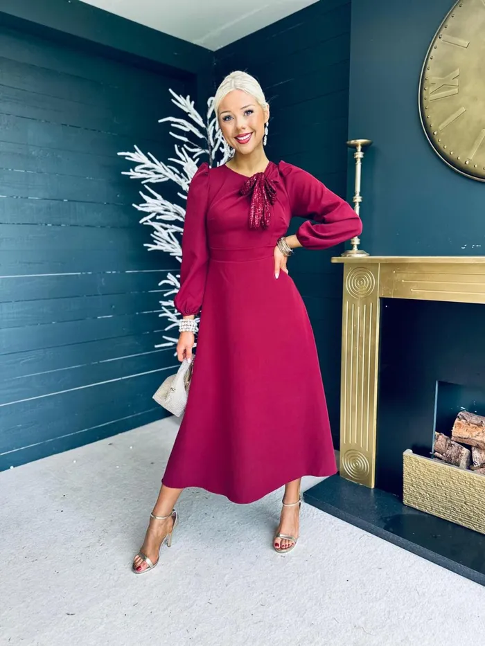 Women Midi Canella Lane Courtney Sequin Detail Occasion Dress Burgundy