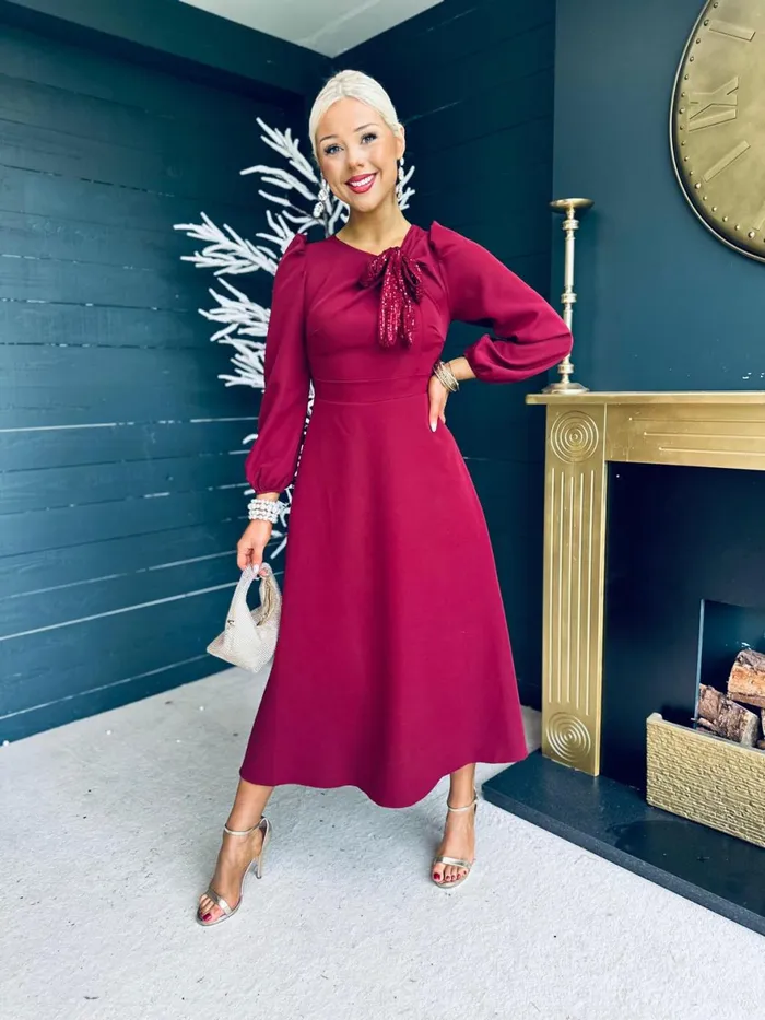 Women Midi Canella Lane Courtney Sequin Detail Occasion Dress Burgundy