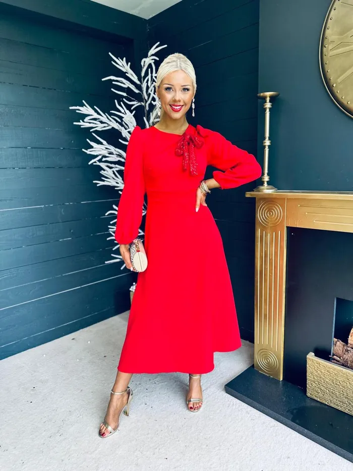 Women Midi Canella Lane Courtney Sequin Detail Occasion Dress Red
