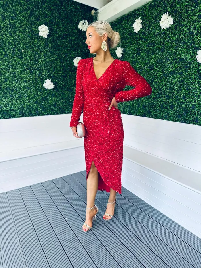 Women Midi Canella Lane Gemma Sequin Midi Dress Red