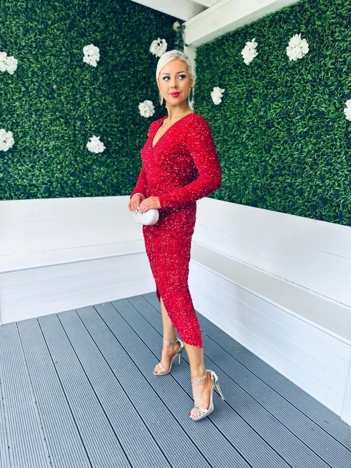 Women Midi Canella Lane Gemma Sequin Midi Dress Red