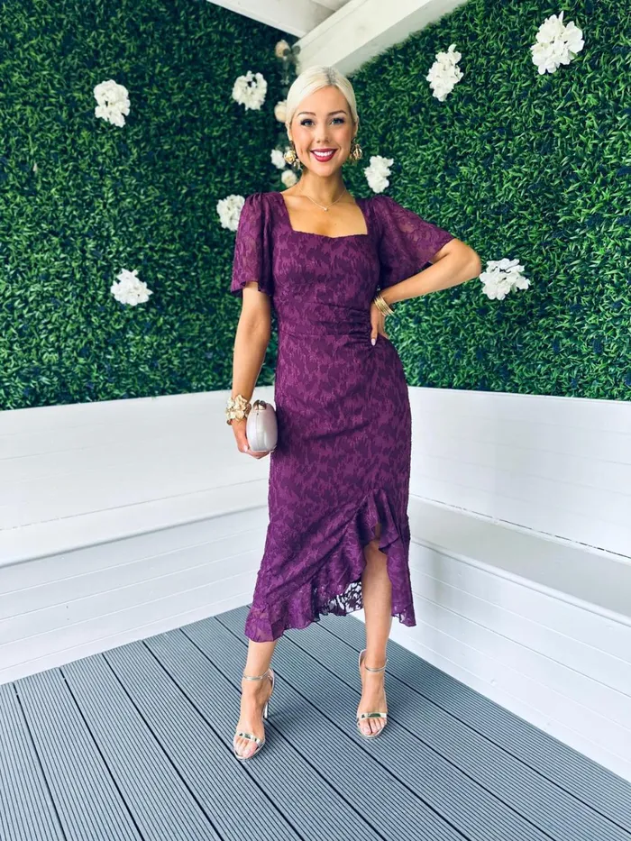 Women Midi Canella Lane Heidi Burnout Ruched Midi Dress Berry