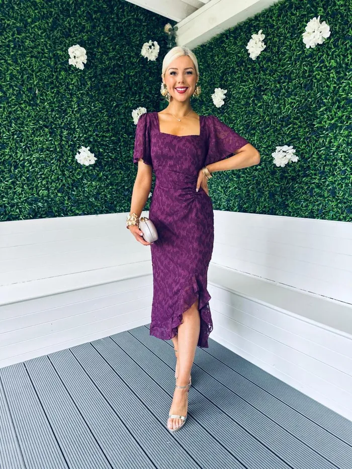 Women Midi Canella Lane Heidi Burnout Ruched Midi Dress Berry