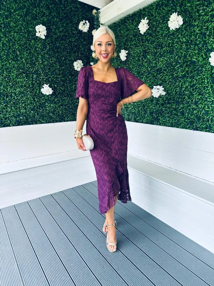 Women Midi Canella Lane Heidi Burnout Ruched Midi Dress Berry
