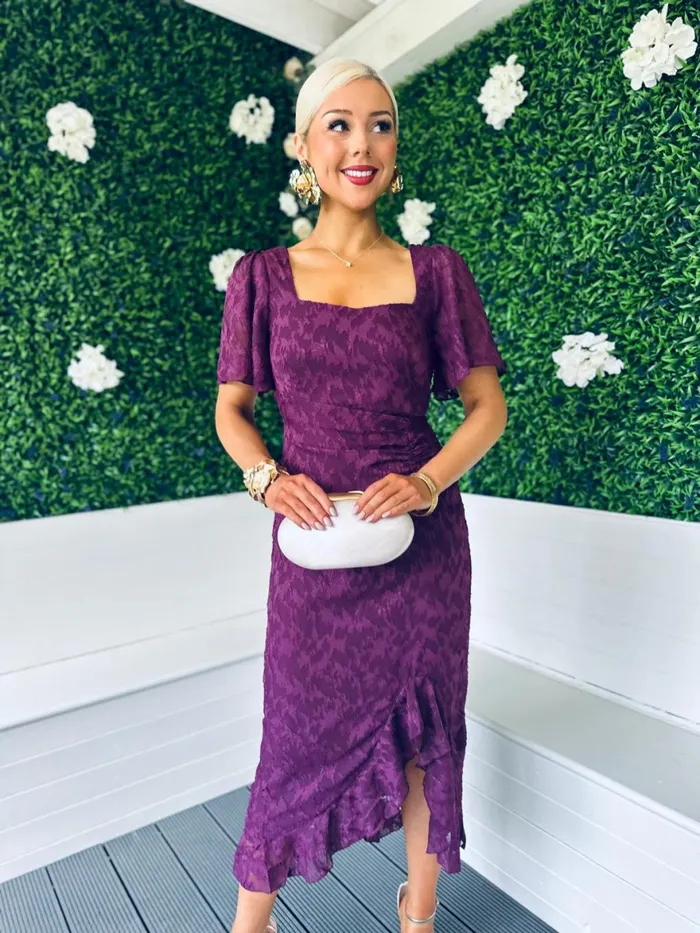 Women Midi Canella Lane Heidi Burnout Ruched Midi Dress Berry