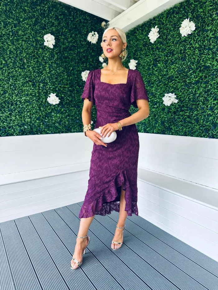 Women Midi Canella Lane Heidi Burnout Ruched Midi Dress Berry