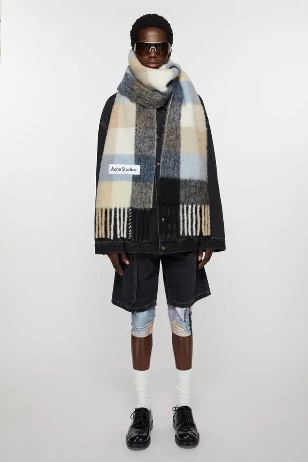 Women Mohair Checked Scarf Bluebeigeblack Acne Studios Scarves
