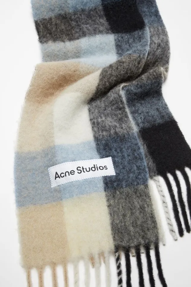 Women Mohair Checked Scarf Bluebeigeblack Acne Studios Scarves
