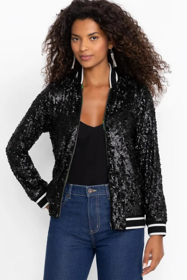 Women Outerwear Johnny Was KELSEY SEQUIN BOMBER JACKET Black Sequin