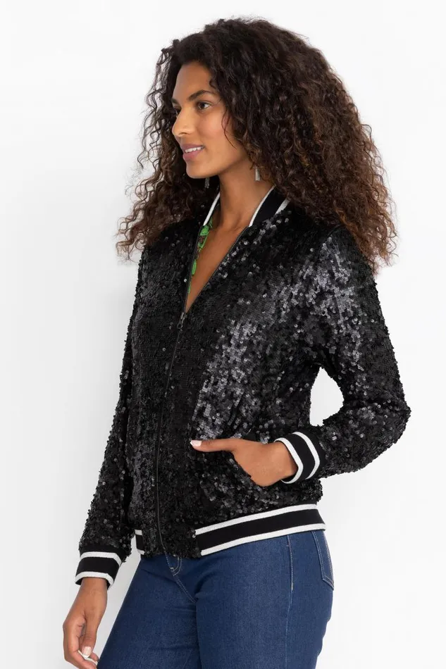 Women Outerwear Johnny Was KELSEY SEQUIN BOMBER JACKET Black Sequin Women Outerwear Johnny Was KELSEY SEQUIN BOMBER JACKET Black Sequin