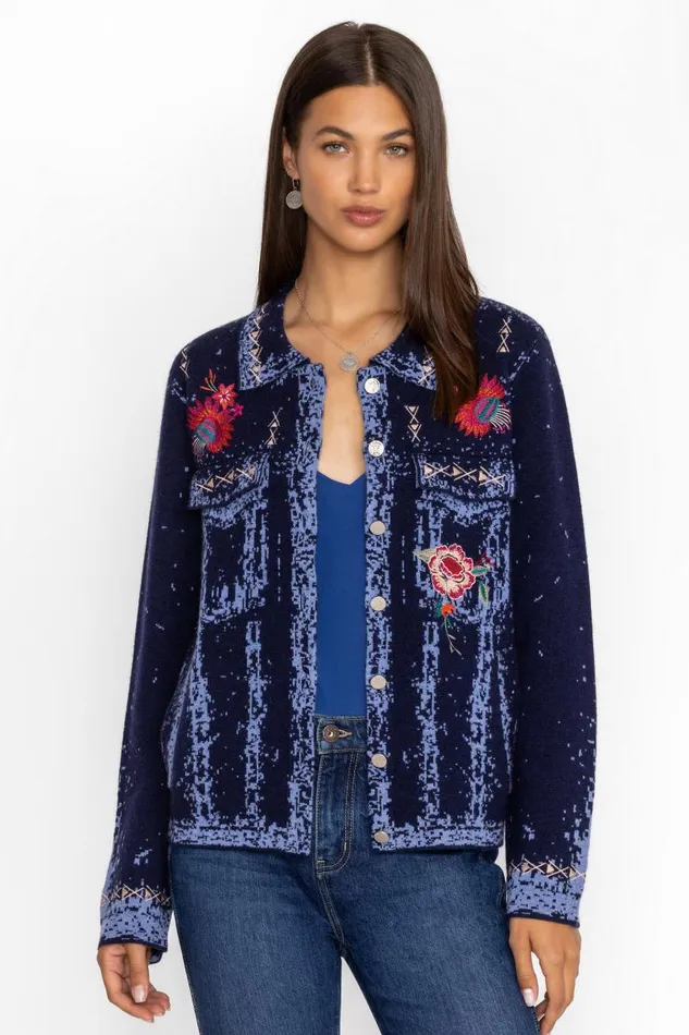 Women Outerwear Johnny Was THE DENIM SWEATER JACKET Dark Blue