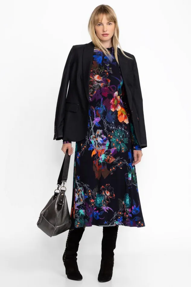 Women Petites Johnny Was THE JANIE FAVORITE SEAMED MOCK NECK DRESS Midnight Scarf Print