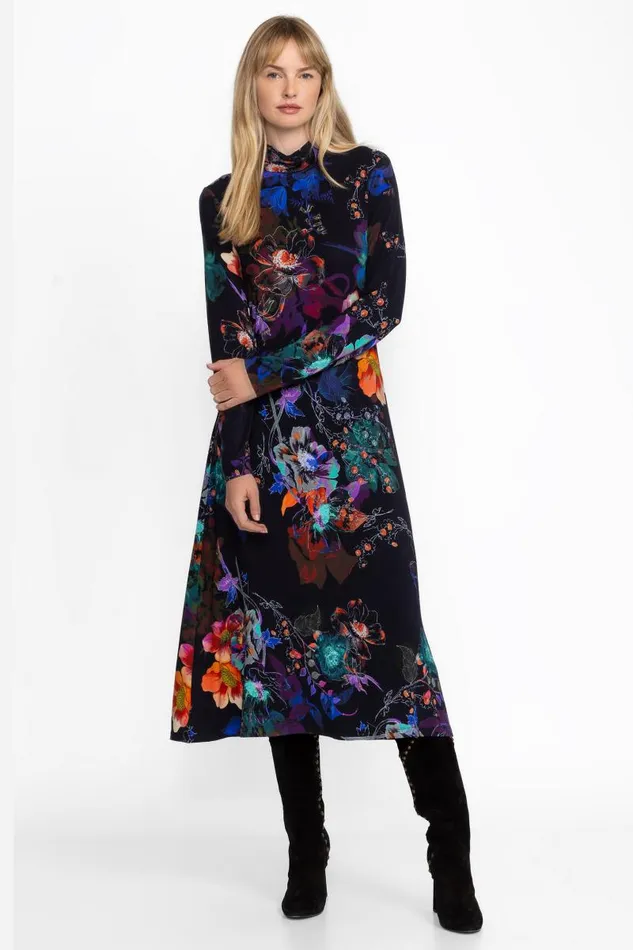 Women Petites Johnny Was THE JANIE FAVORITE SEAMED MOCK NECK DRESS Midnight Scarf Print