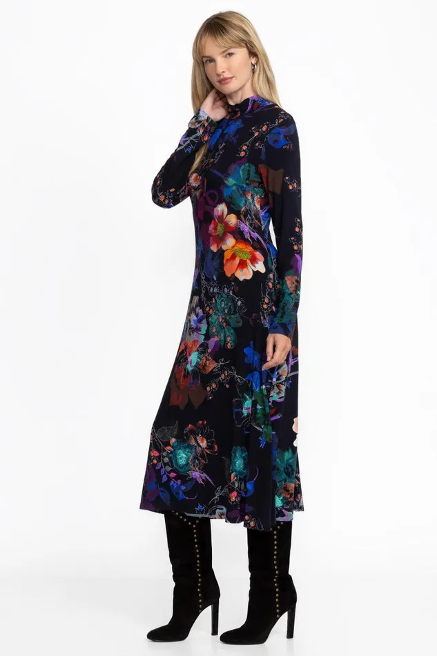 Women Petites Johnny Was THE JANIE FAVORITE SEAMED MOCK NECK DRESS Midnight Scarf Print