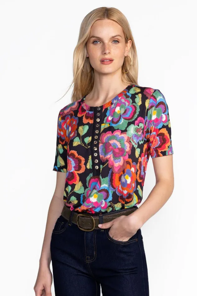 Women Petites Johnny Was THE JANIE FAVORITE SHORT SLEEVE HENLEY TEE Calanthe