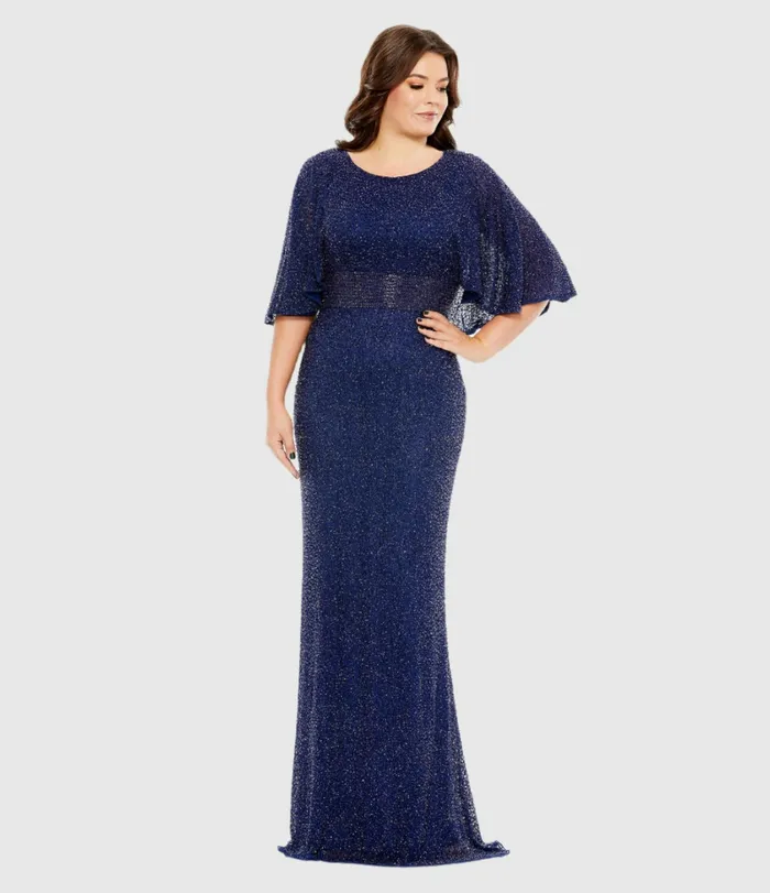 Women Plus Size Dresses Mac Duggal Embellished Cape Sleeve Dress Midnight