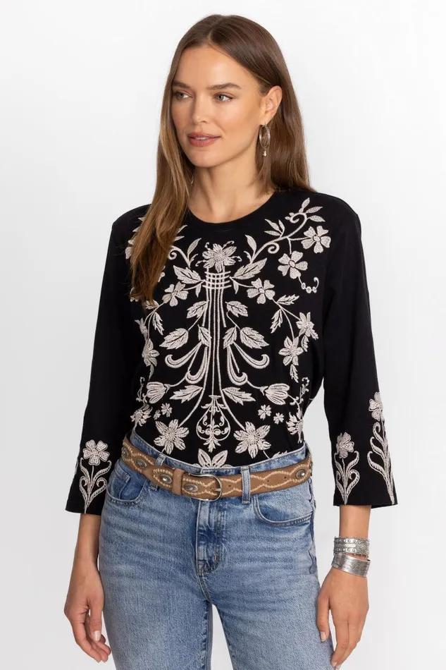 Women Plus Size Johnny Was 34 SLEEVE CREW NECK TEE Black Women Plus Size Johnny Was 34 SLEEVE CREW NECK TEE Black