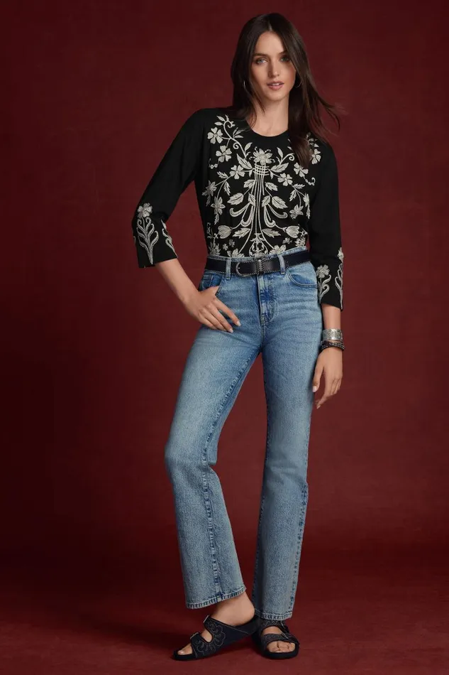 Women Plus Size Johnny Was 34 SLEEVE CREW NECK TEE Black Women Plus Size Johnny Was 34 SLEEVE CREW NECK TEE Black