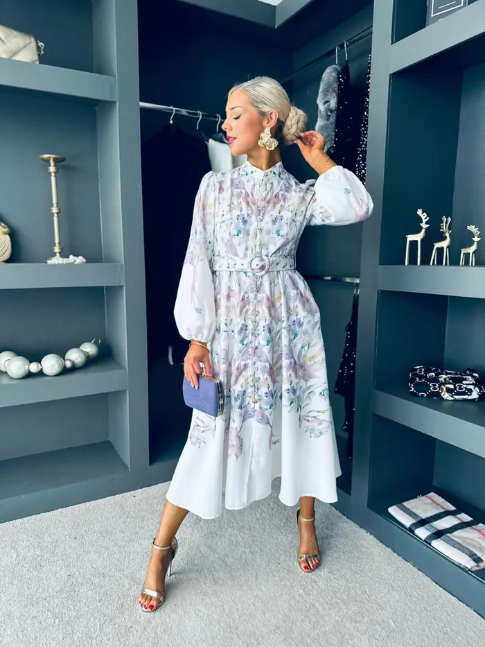Women Premium Canella Lane Brona Belted Occasion Dress Off White